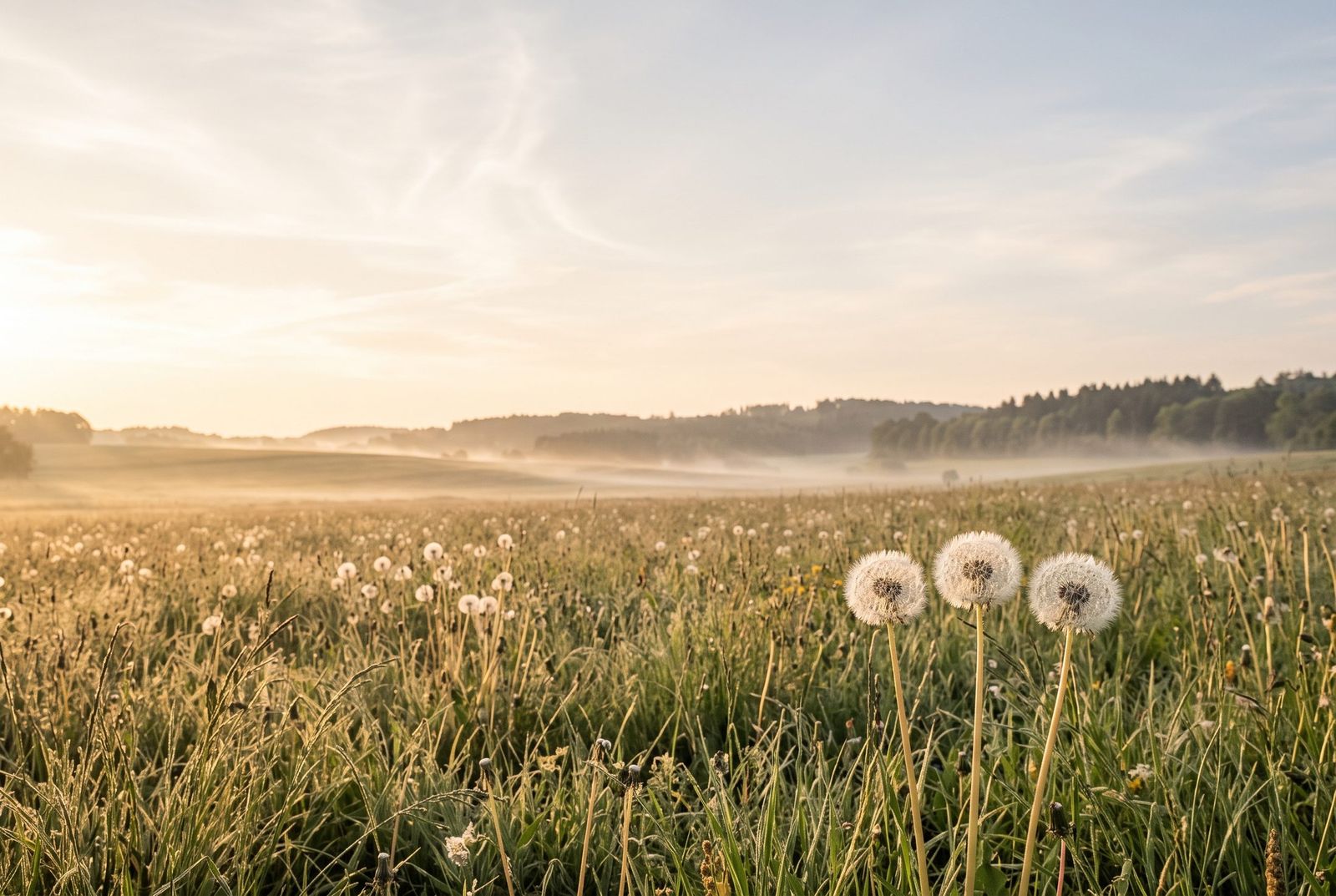 Weite Morgenwiese mit Pusteblumen, der Nebel lichtet sich