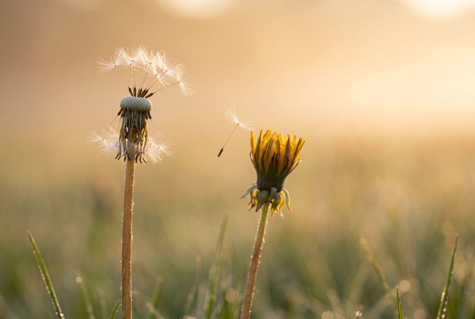 Fast leere Pusteblume neben einer sich öffnenden Knospe im Morgenlicht