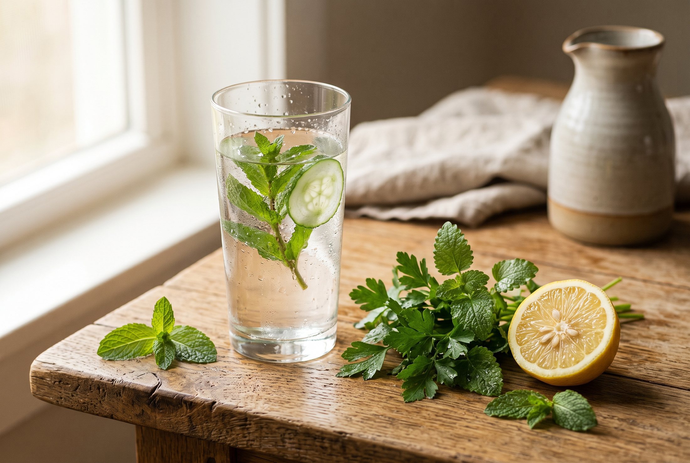Frisches Wasser mit Kräutern als Sinnbild für Balance