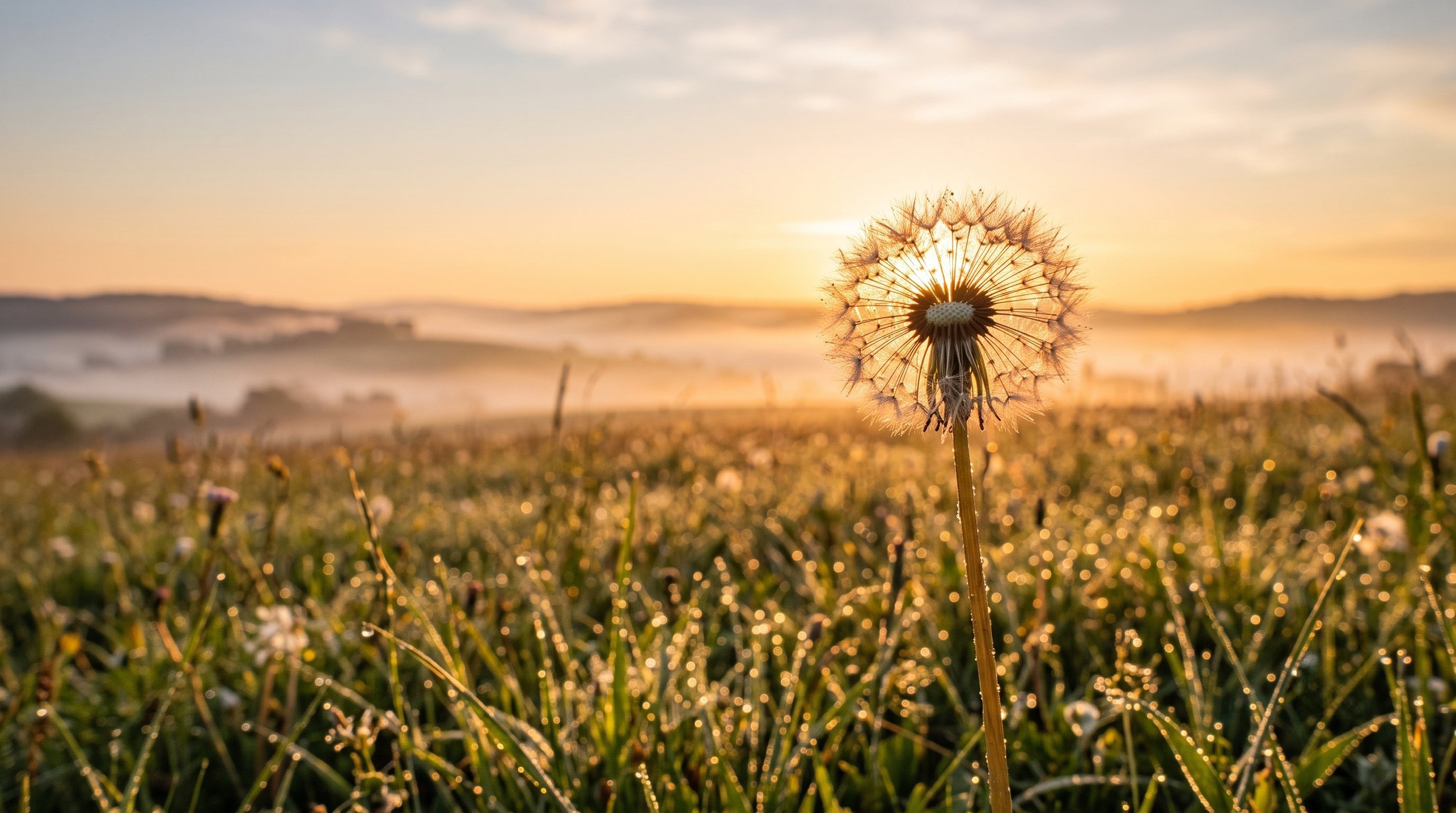 Pusteblume im goldenen Morgenlicht auf einer Wiese