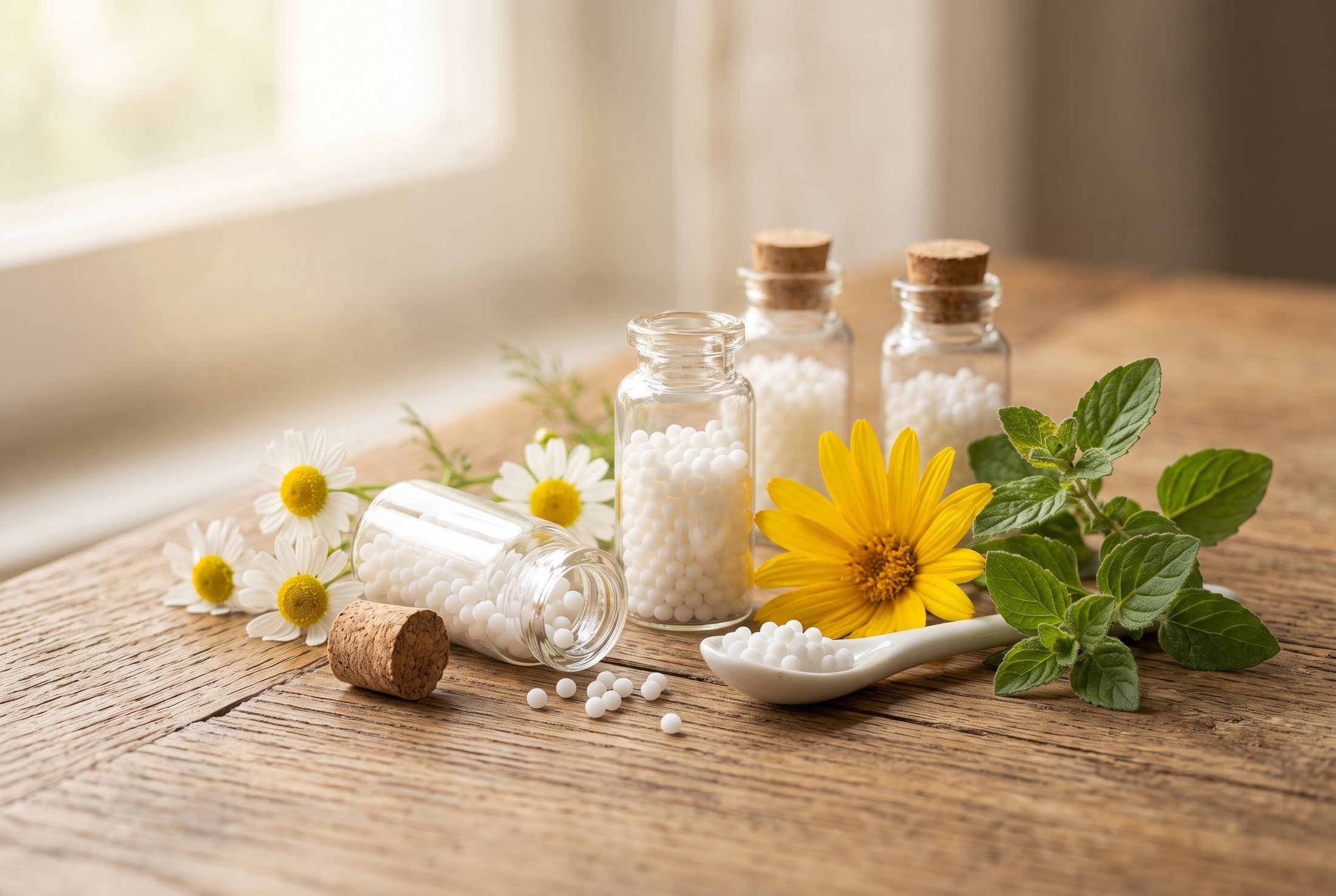 Homöopathische Globuli in Glasröhrchen mit frischen Heilkräutern