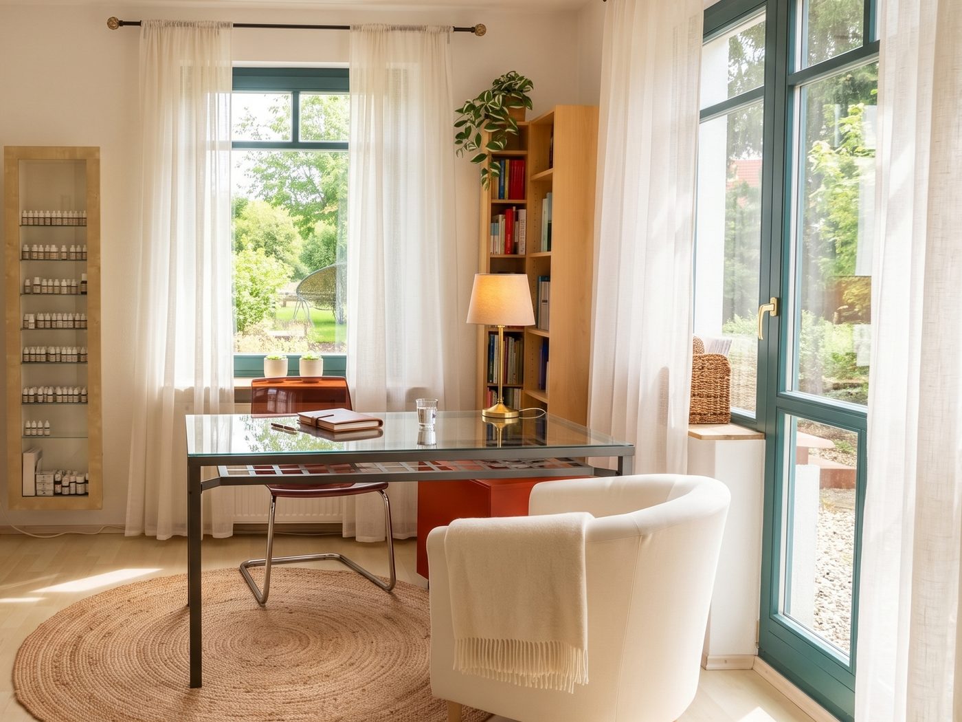 Blick in den Behandlungsraum mit Schreibtisch, Tinkturen-Regal und Gartenfenster