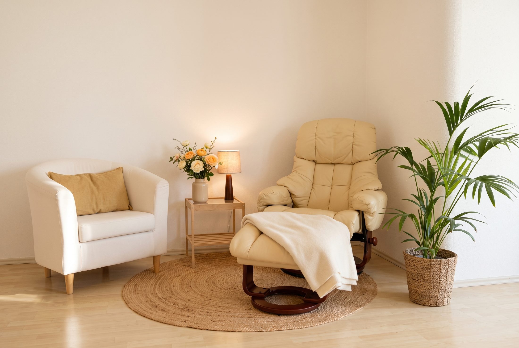 Die Hypnose-Ecke der Praxis mit cremefarbenem Relaxsessel und Kentia-Palme