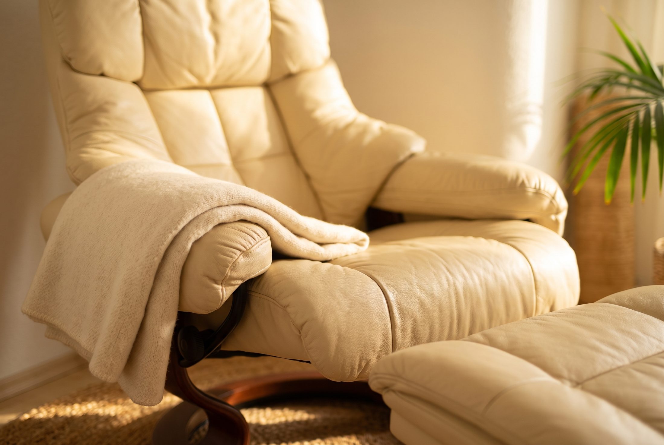 Cremefarbener Hypnosesessel mit weicher Decke im warmen Licht
