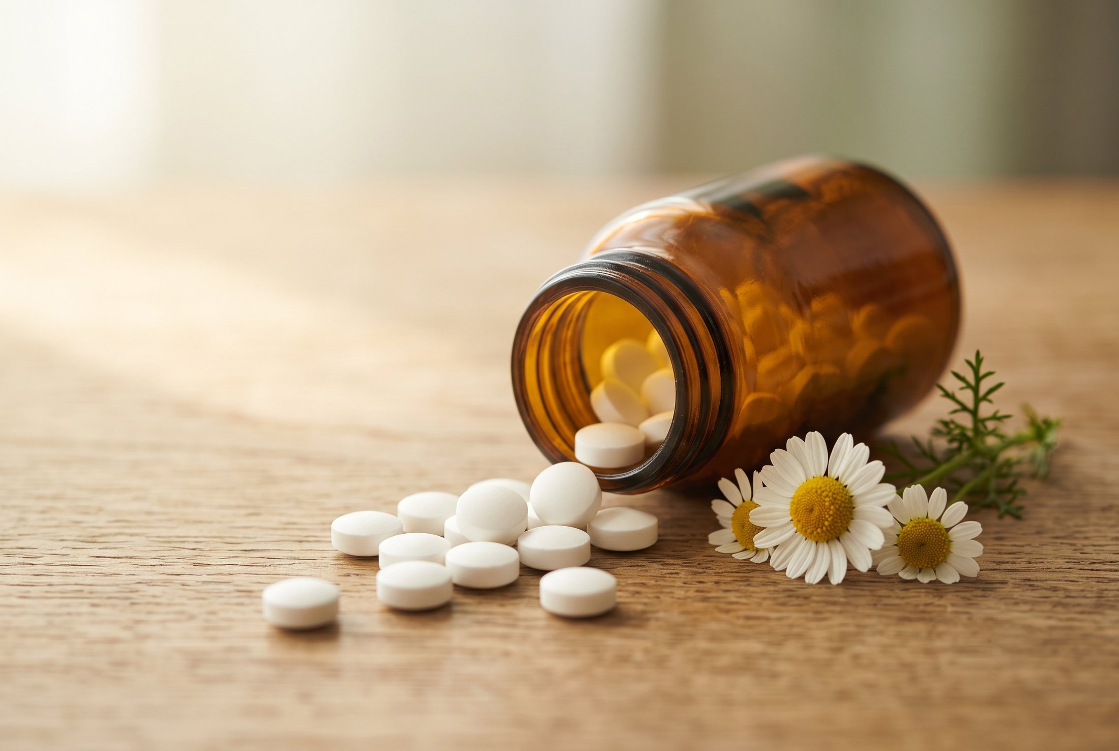 Schüßler-Salze: weiße Tabletten aus einer Braunglasflasche mit Kamilienblüte